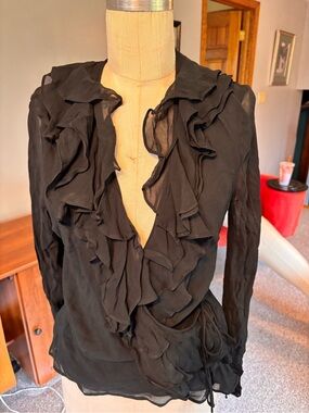 Jcrew Black Ruffle Front Sheer Blouse